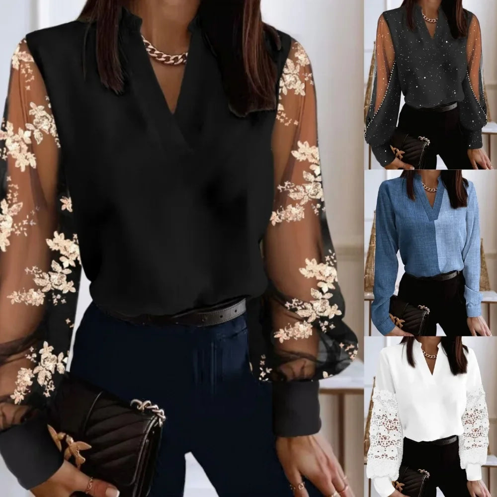 Bluzka z koronką i długim rękawem | Elegancka V-neck
