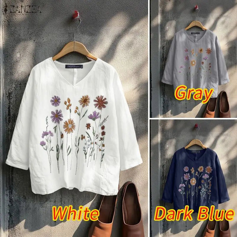 Bluzka bawełniana z haftem kwiatowym | V-neck 3/4 rękaw