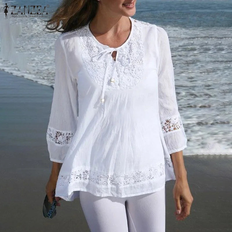 Tunika boho z koronkową wstawką | Rękaw 3/4 plażowa