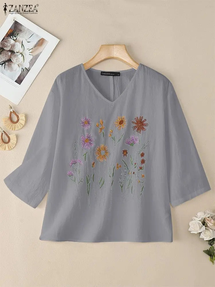 Bluzka bawełniana z haftem kwiatowym | V-neck 3/4 rękaw