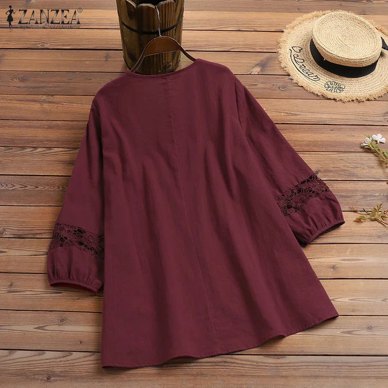 Tunika boho z koronkową wstawką | Rękaw 3/4 plażowa
