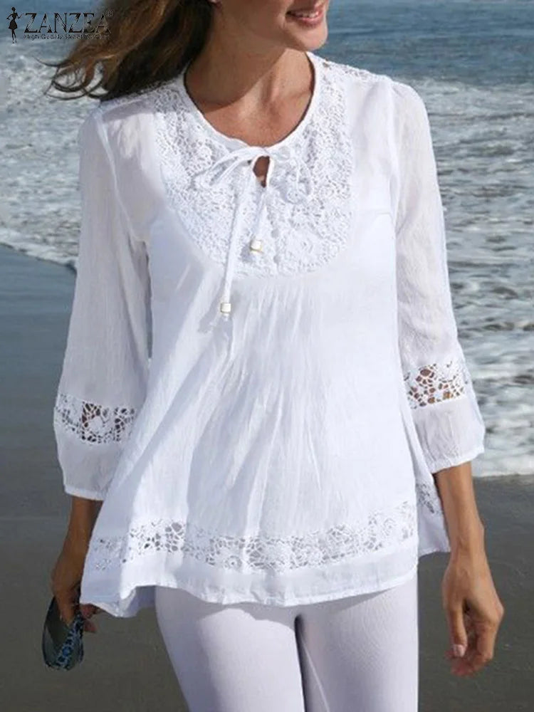 Tunika boho z koronkową wstawką | Rękaw 3/4 plażowa