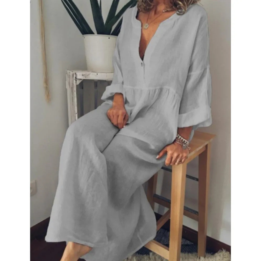 Sukienka lniana z guzikami | Koreański styl boho