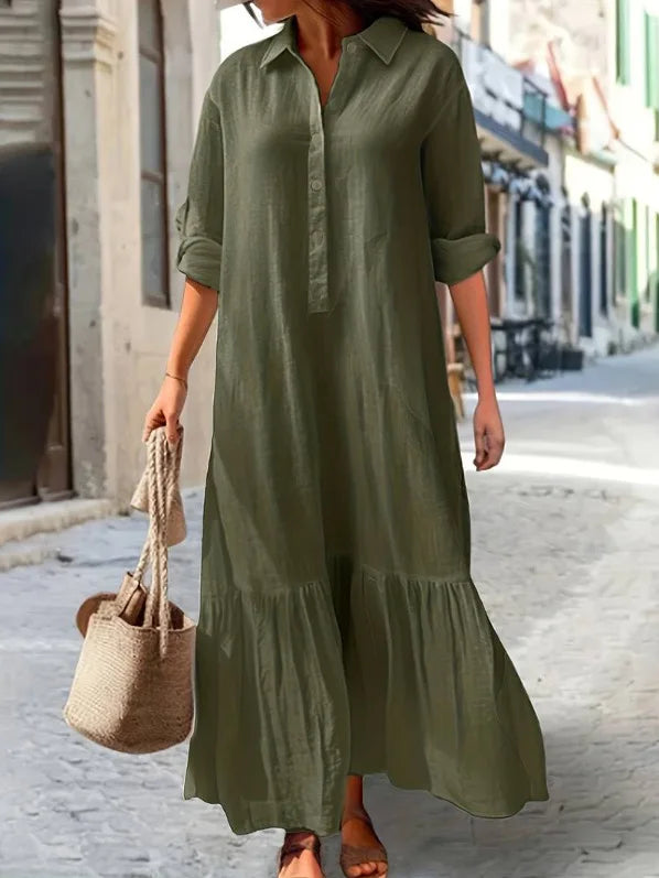 Sukienka lniana z długim rękawem | Elegancka midi