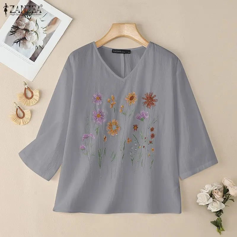 Bluzka bawełniana z haftem kwiatowym | V-neck 3/4 rękaw