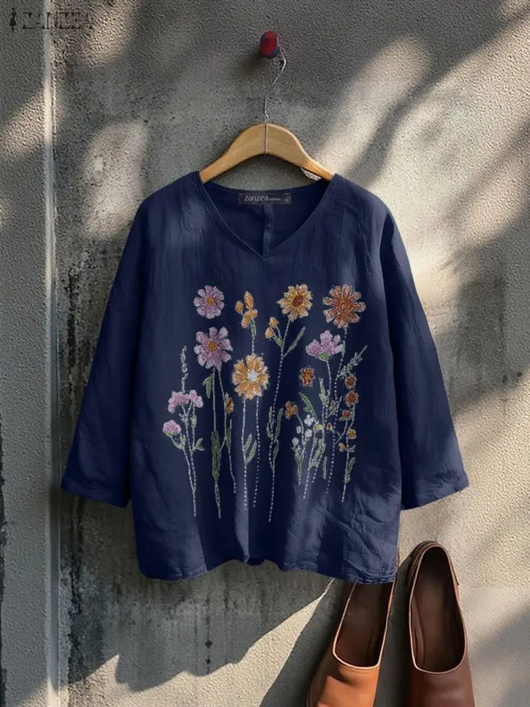 Bluzka bawełniana z haftem kwiatowym | V-neck 3/4 rękaw