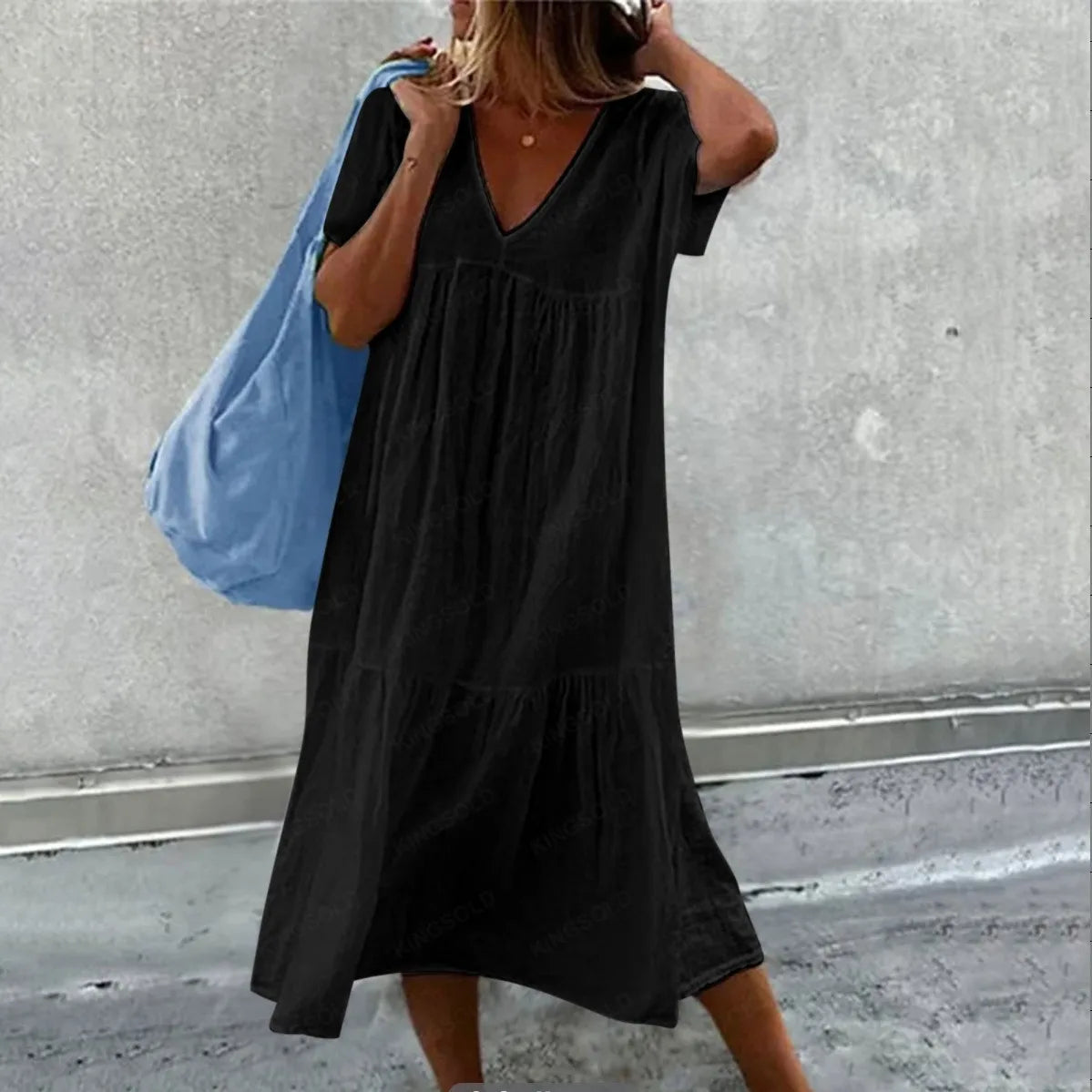 Długa sukienka z krótkim rękawem | V-neck kolorowa maxi