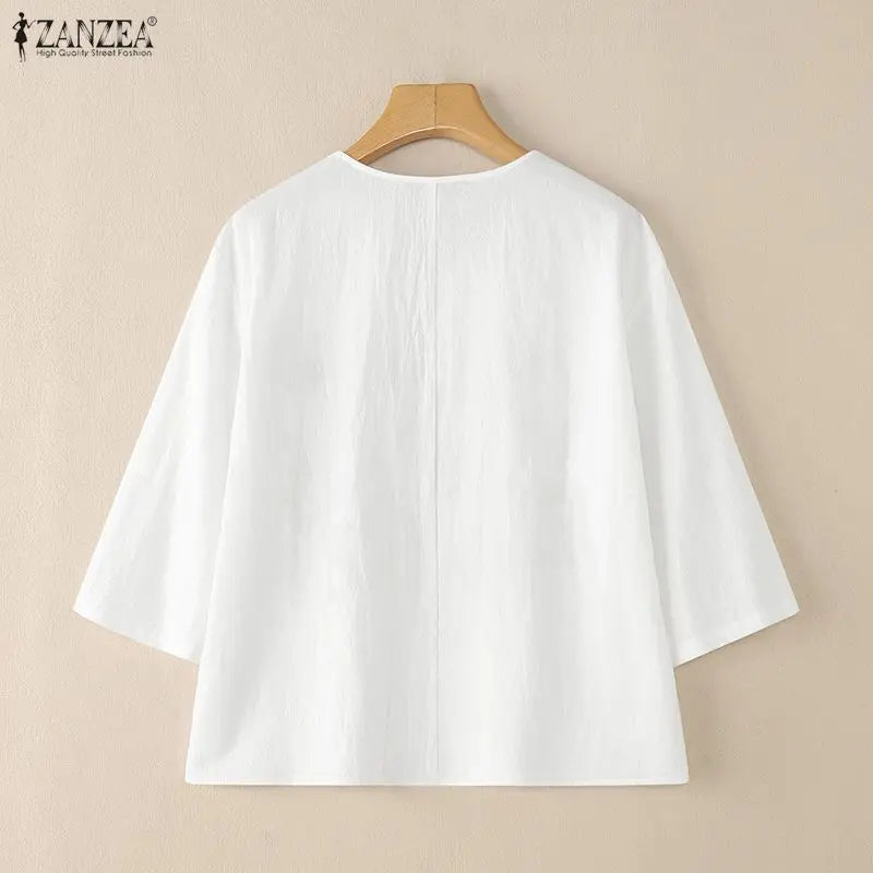 Bluzka bawełniana z haftem kwiatowym | V-neck 3/4 rękaw